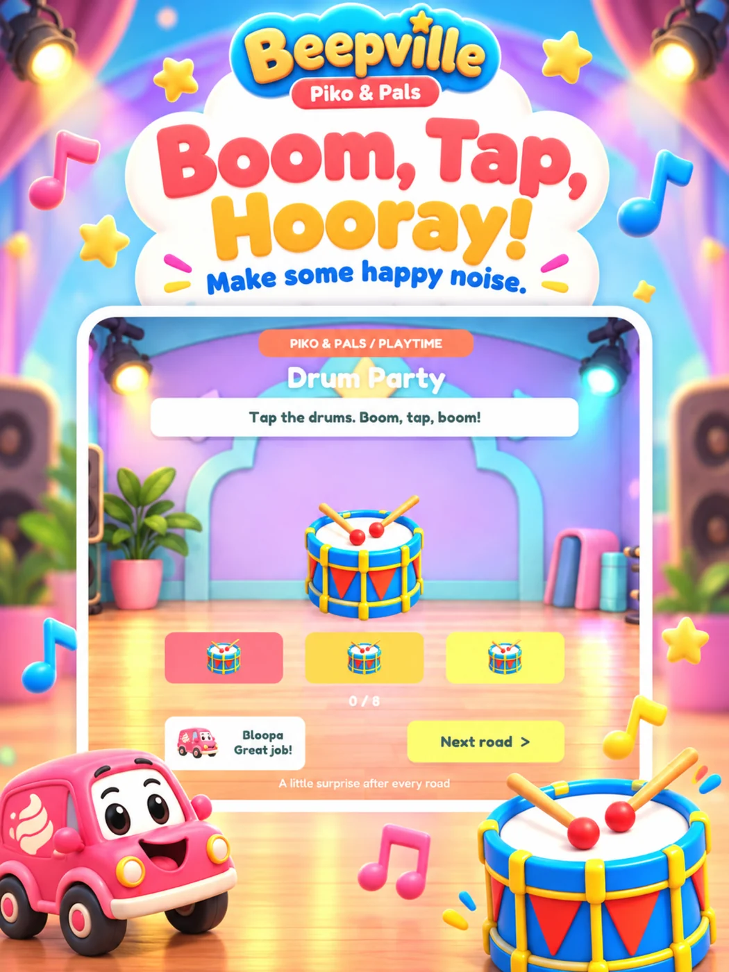 Promotional artwork of Drum Party with a colorful toy drum and Bloopa.