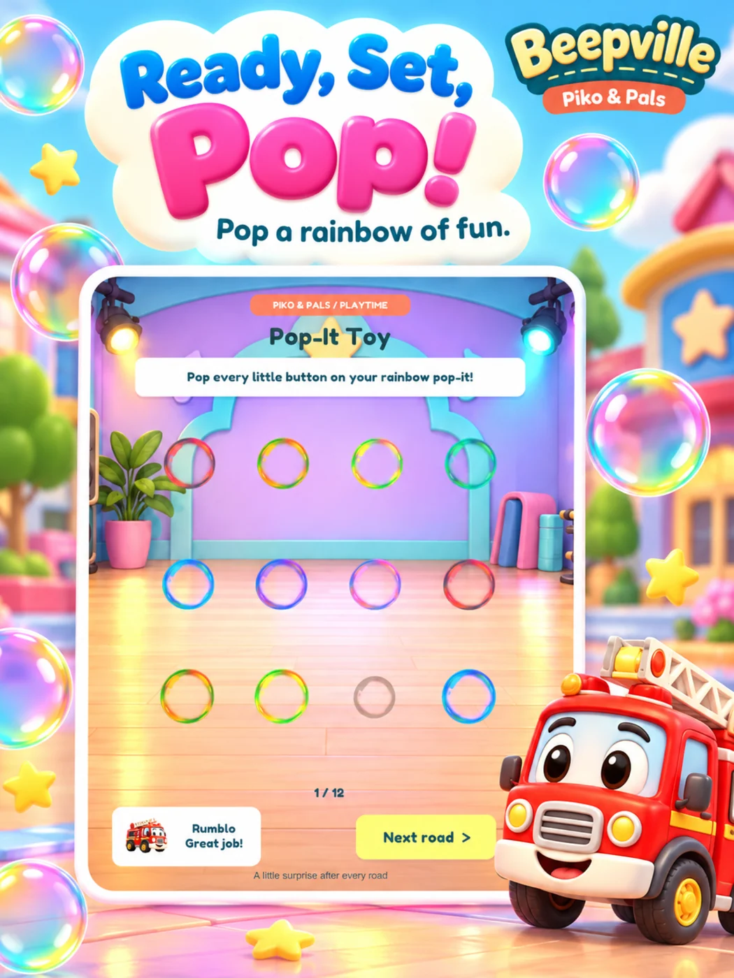 Promotional artwork of rainbow bubble popping with Rumblo the fire truck.